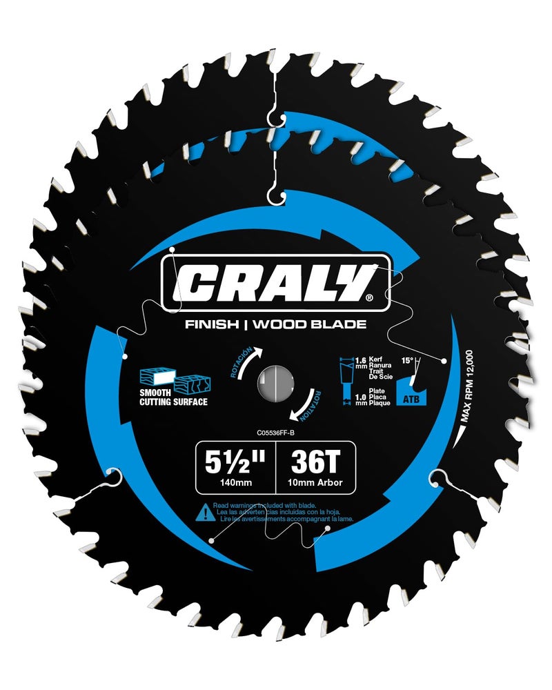 CRALY 5-1/2 Inch 36 Teeth Fine Finish Wood Cutting Circular Saw Blade, 10mm Arbor, Carbide Tipped, Thin Kerf, Black Ice™ Coating, for Plywood, MDF, OSB, Laminated, 2-Pack(C05536FF-2B) - Image 1